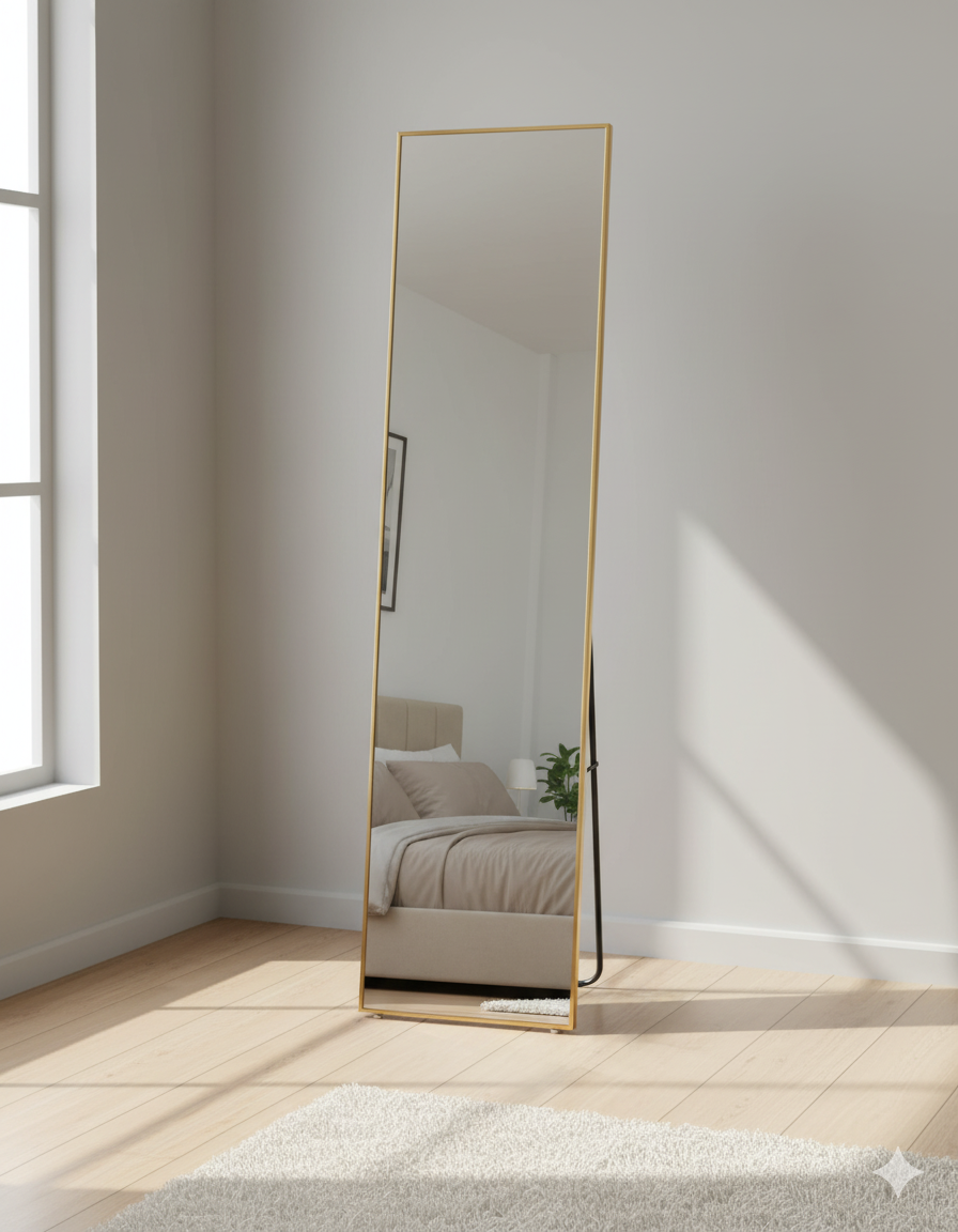 Full-length standing mirror with sturdy frame for bedroom or dressing room use
