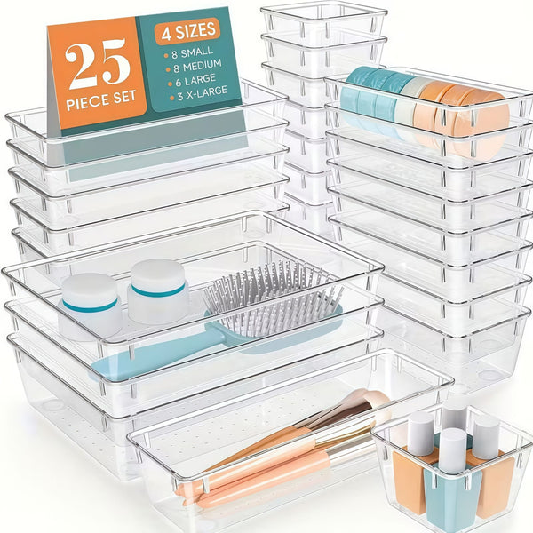 25pcs Clear Acrylic Drawer Organizer Set Stackable Non Slip Multipurpose Drawer Dividers