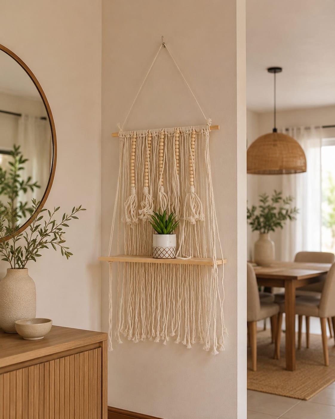 Nordic style plant hanging shelf with a 39 x 13cm wooden base and 100cm hanging length for displaying plants, ornaments, and decorative accessories indoors