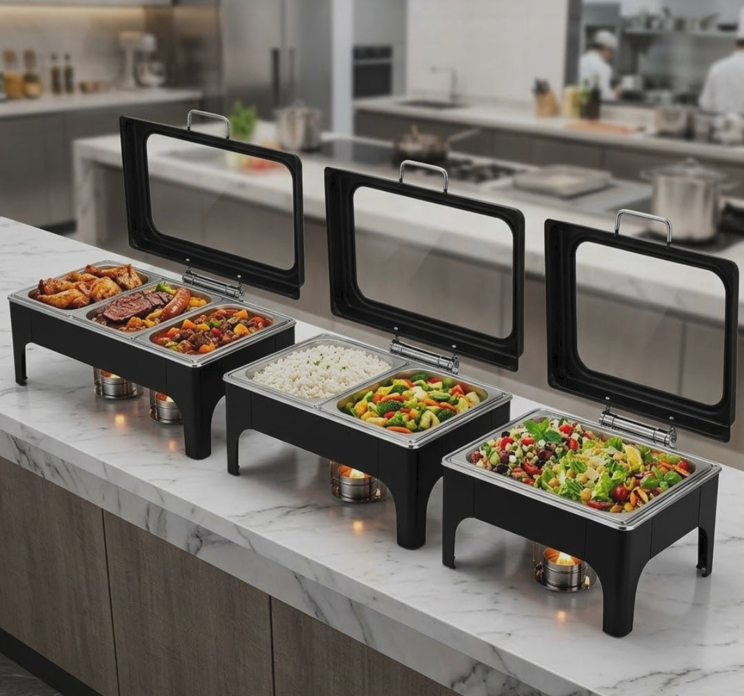 9L black chafing dishes available in single, double and triple configurations for buffet serving, catering and events.