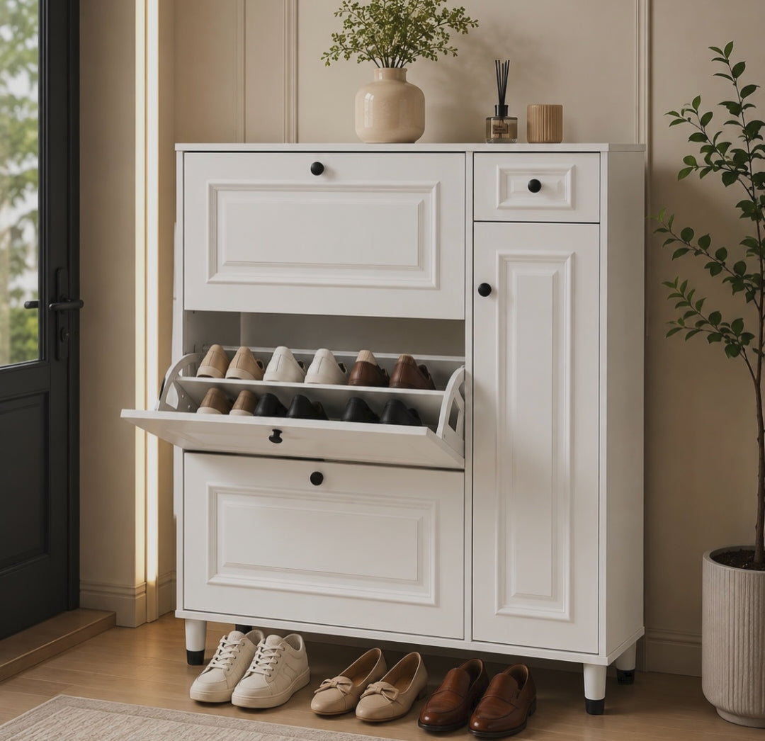 White multilayer shoe cabinet with black round handles and raised panel detailing for organised shoe and household storage in entryways, hallways, and bedrooms