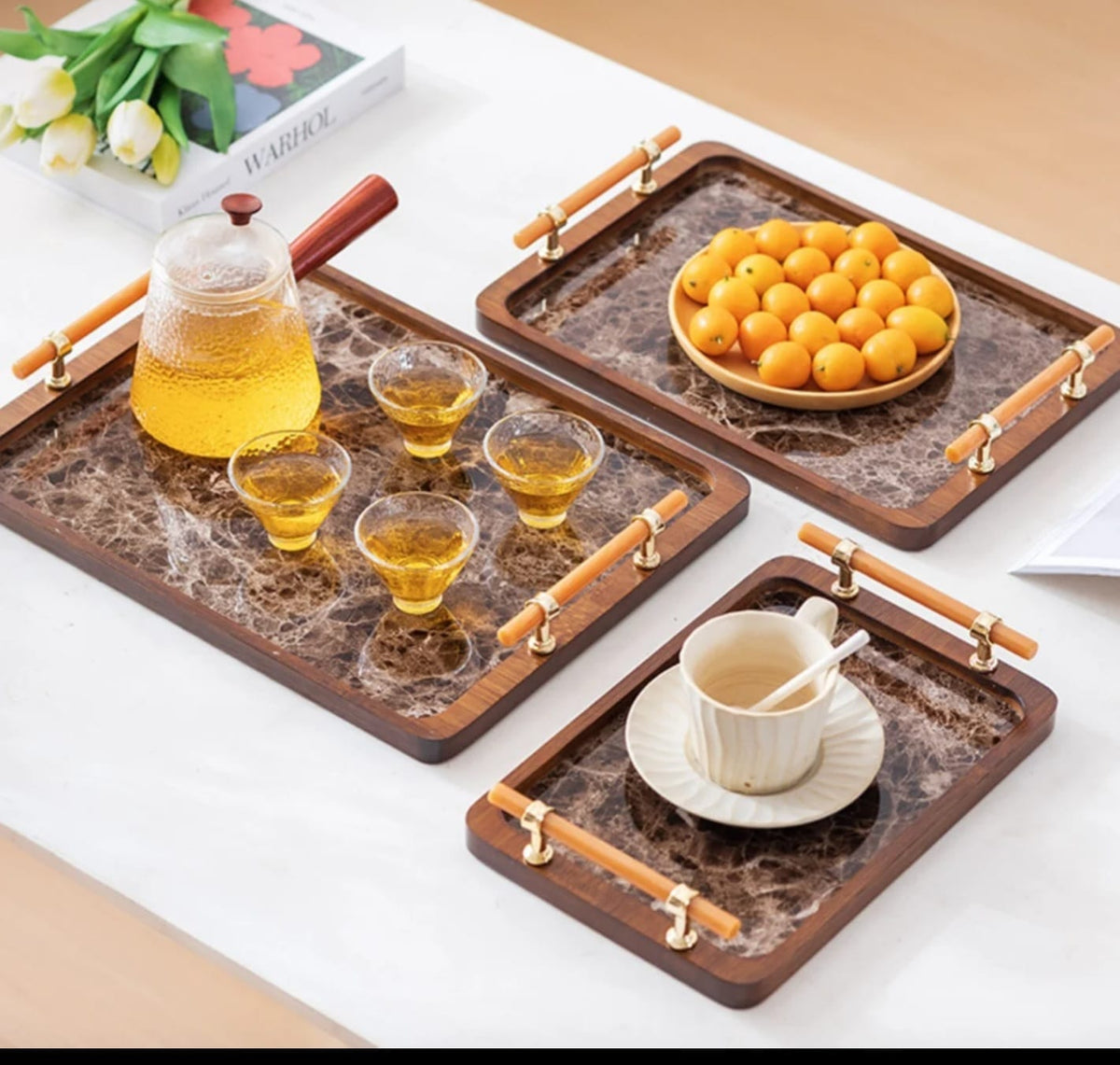 3 piece bamboo nesting trays with grey handles solid bamboo serving tray set lightweight water resistant