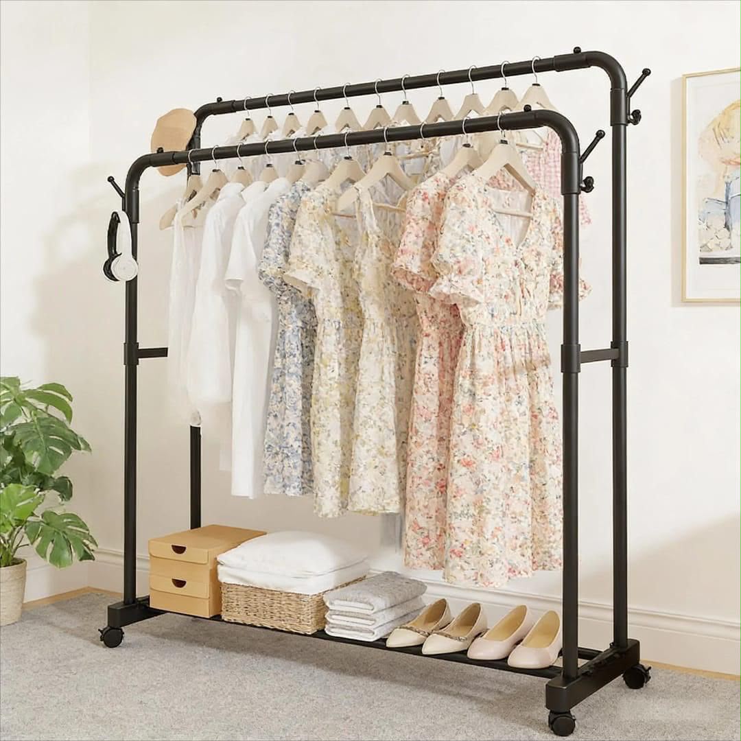 Double Pole Wheeled Clothes Rack with Shoe Rack