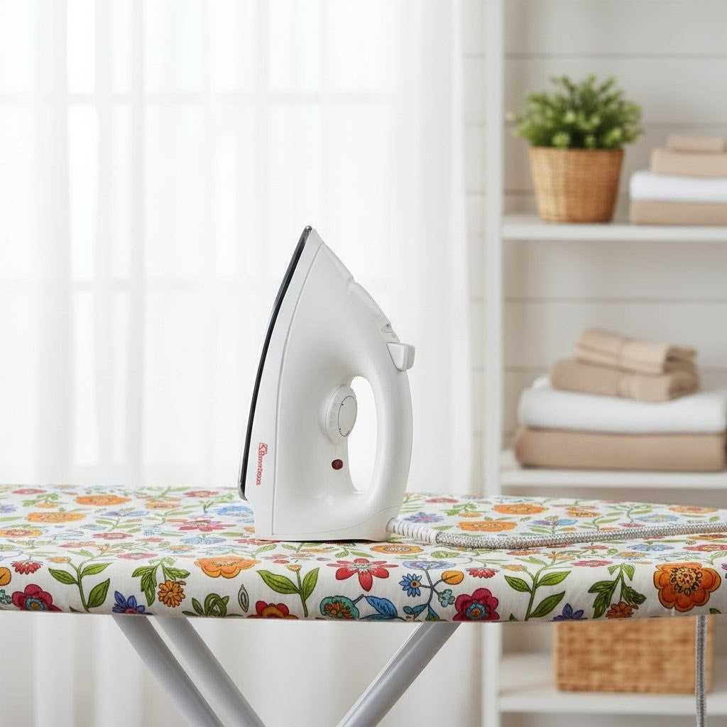 white 1000w dry iron with non-stick soleplate and indicator lamp