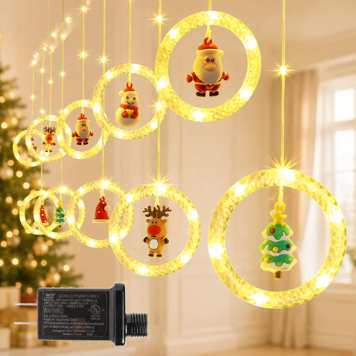 Christmas LED Lights with Santa, Snowman, Reindeer & Christmas Tree – 10 Pendants