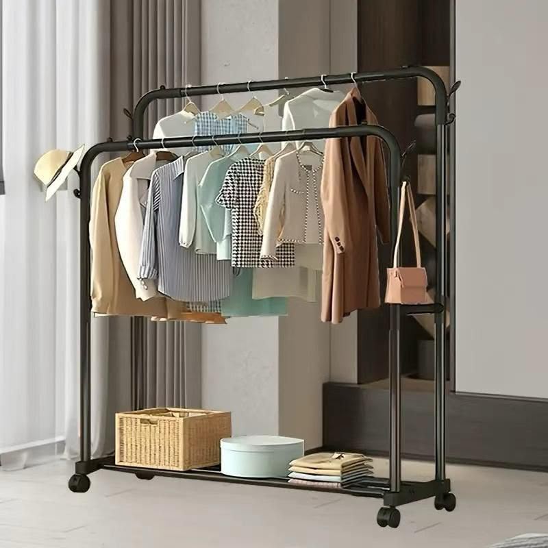 Double Pole Wheeled Clothes Rack with Shoe Rack