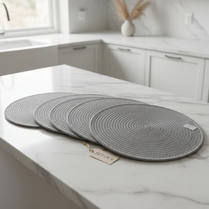 6 piece 38cm spiral woven cotton rope table mats with subtle silver shimmer
