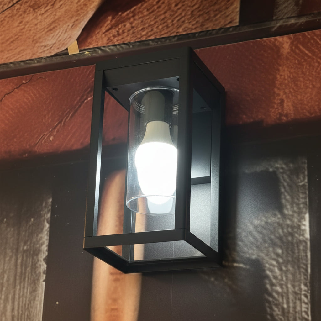 Black modern lantern wall light with open frame and E27 holder for outdoor entrance and garden wall lighting LL 5008-BK - Gemelli Collection