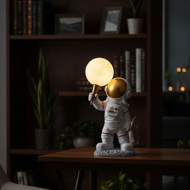 A novelty astronaut-shaped table lamp with a glowing spherical moon globe and a metallic gold helmet, displayed on a white tabletop next to a textured glass.
