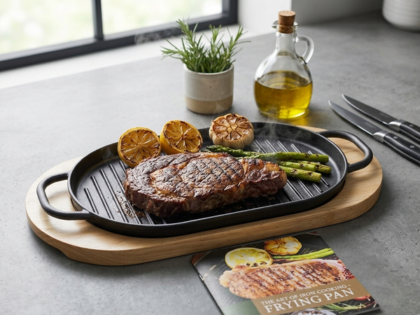 Rectangular Cast Iron Sizzling Grill Pan with Wooden Base, 29×17 cm, Thickened Durable Pan for BBQ, Steak, and Grilled Fish, Suitable for Home and Commercial Use