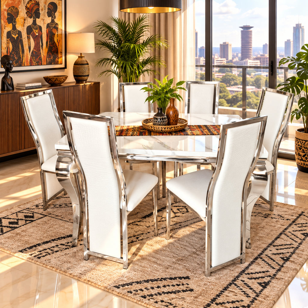 6-Seater  Dining Set with White PU Leather Chairs & White MarbleTop Table