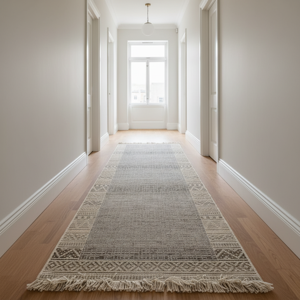 Gemelli Collection Oriental Weavers Kemet #7 beige jute-look corridor runner rug with tribal border, textured centre and fringe