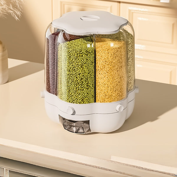 6.5kg 360 degree rotating 6 grid dry food dispenser waterproof PET storage container white pantry organiser for rice cereals beans grains nuts and dry foods