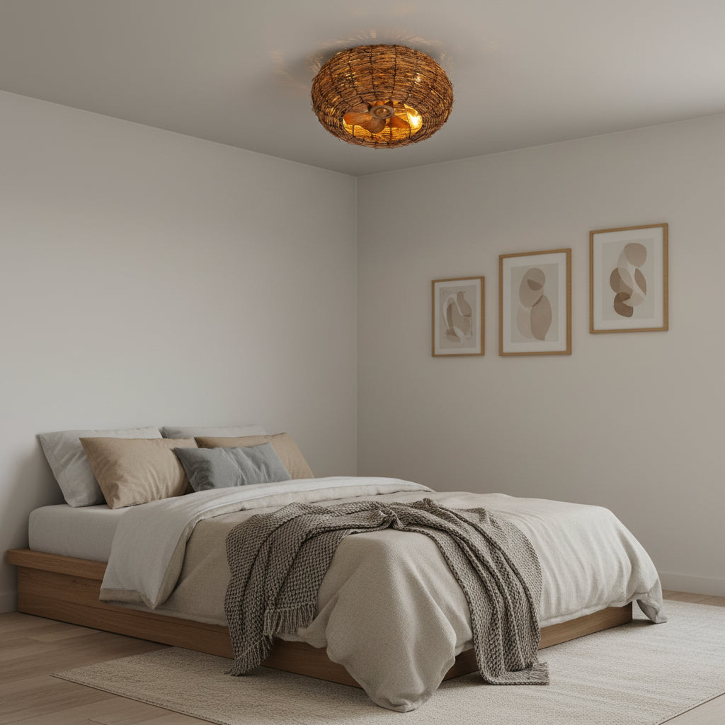 Rattan ceiling fan light with four E27 bulbs and wood finish blades in bohemian design