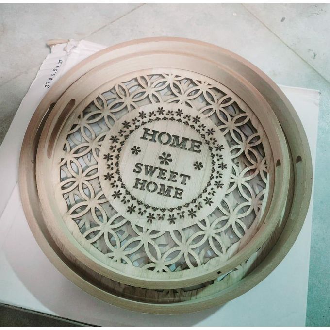 2 Piece Decorative Round Wood and Glass Tray Set