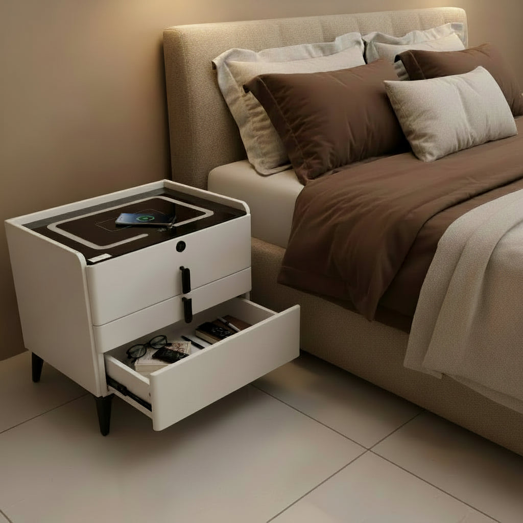 BS 8 smart white nightstand with wireless charging, three color LED lighting and two storage drawers