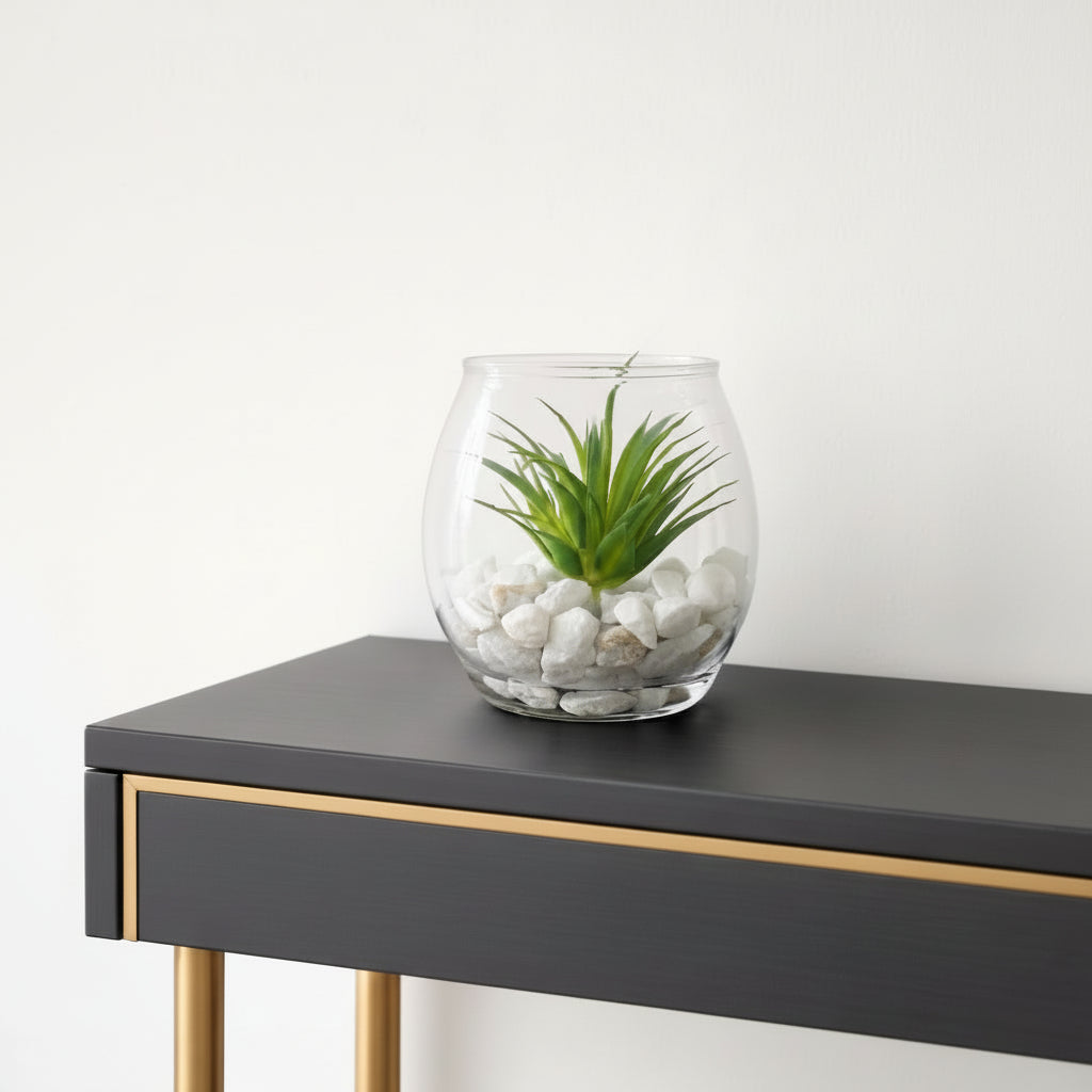 Clear Plastic Vase with Succulent and Pebbles