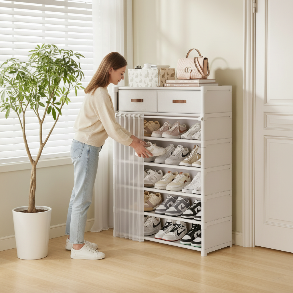 Multi-layer shoe cabinet with drawers in black or white for organized home storage