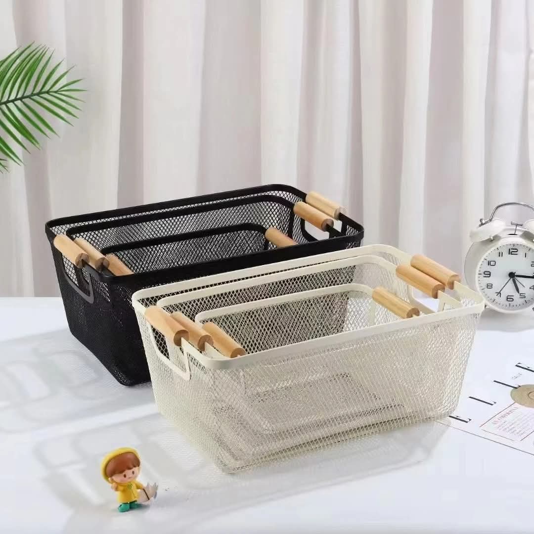 3-piece black mesh plastic storage basket set with bamboo handles for organising household items, toiletries, accessories, and kitchen essentials