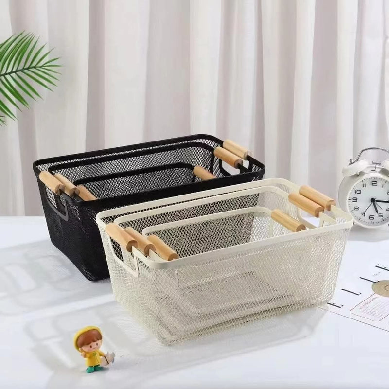 3-piece black mesh plastic storage basket set with bamboo handles for organising household items, toiletries, accessories, and kitchen essentials