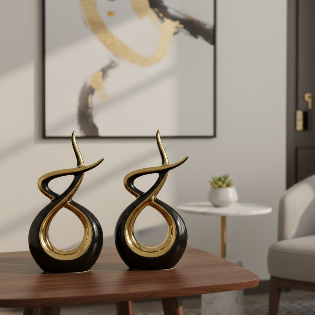 2 piece modern ceramic decorative ornaments in black gold and white gold for luxury home and office décor
