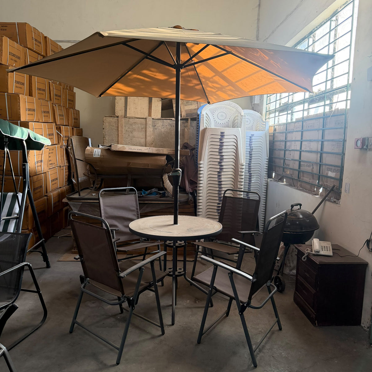 6pc Bistro Set 4 Chairs, Glass Table & Umbrella