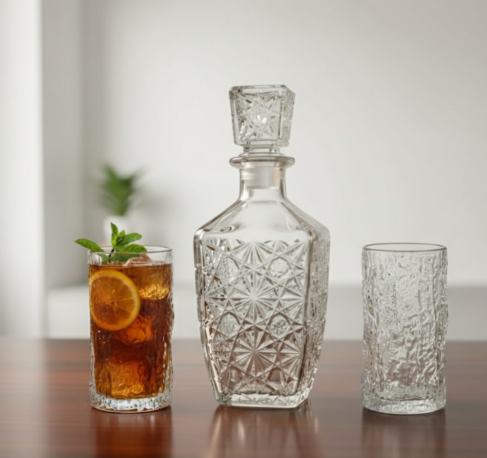 Decanter Square Big with 2 Ice Texture Glasses 850ml/350ml