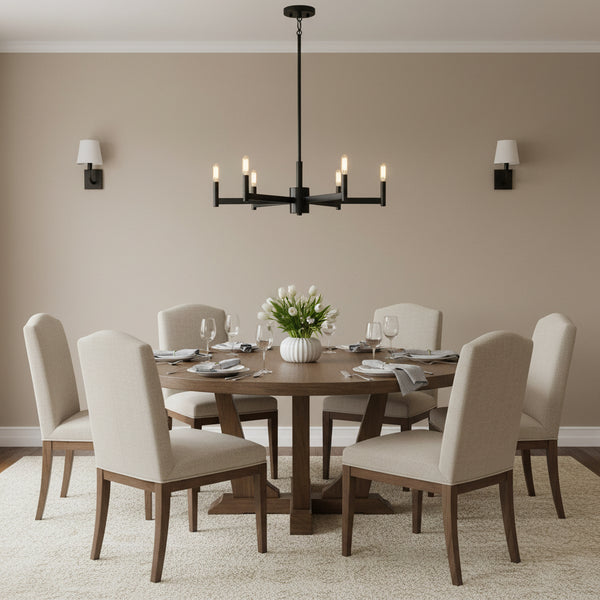 Matte black 6-arm Sputnik chandelier with clear tube glass shades and exposed filament bulbs in a modern industrial starburst design.