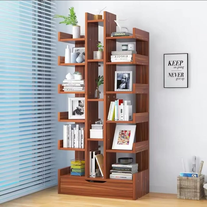 Gemelli Collections bamboo multi purpose bookshelf with lower drawer in dark brown finish measuring 169 x 51 x 19 cm for storage and display.