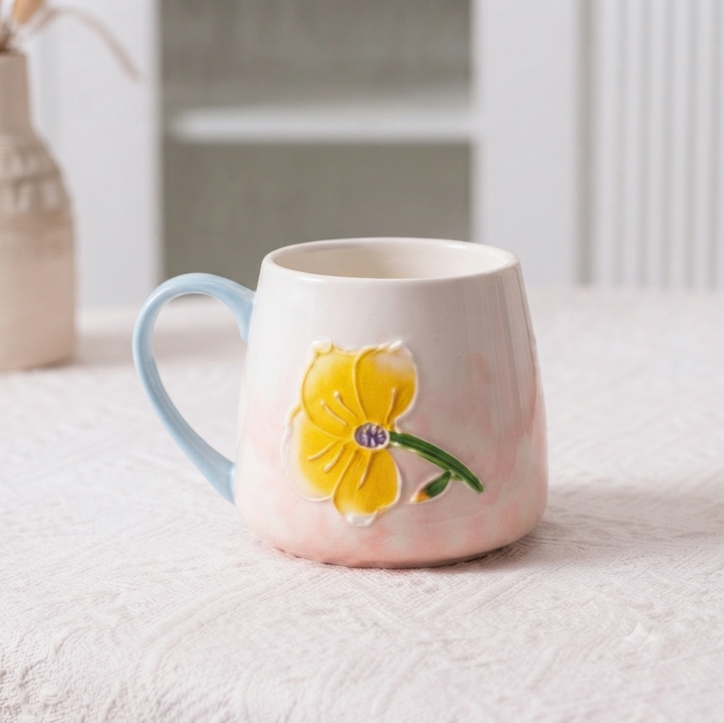 Hand-Painted Embossed Flower Mug – 450ml