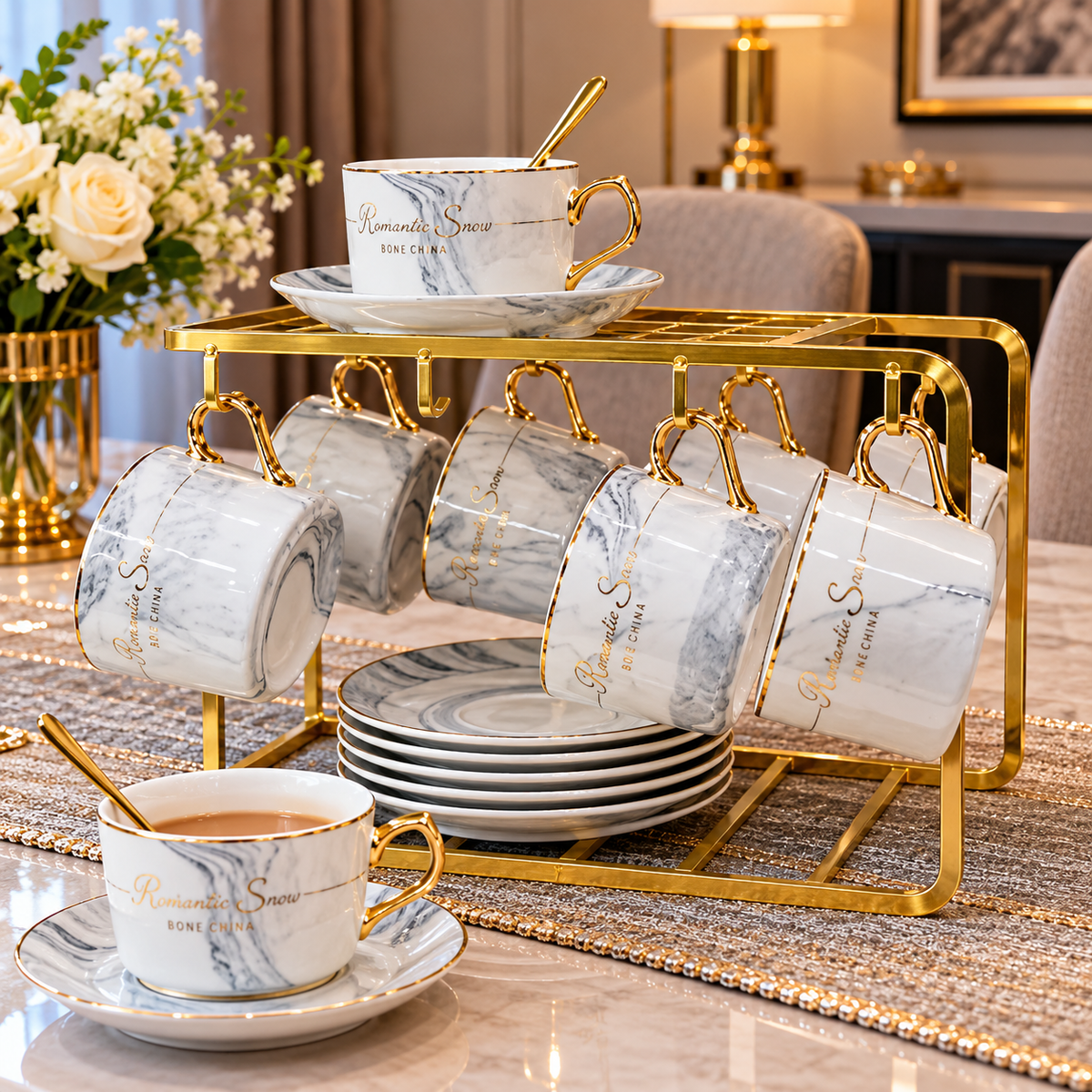 19-Piece Pink and Grey Marble Tea Set with Gold Rack
