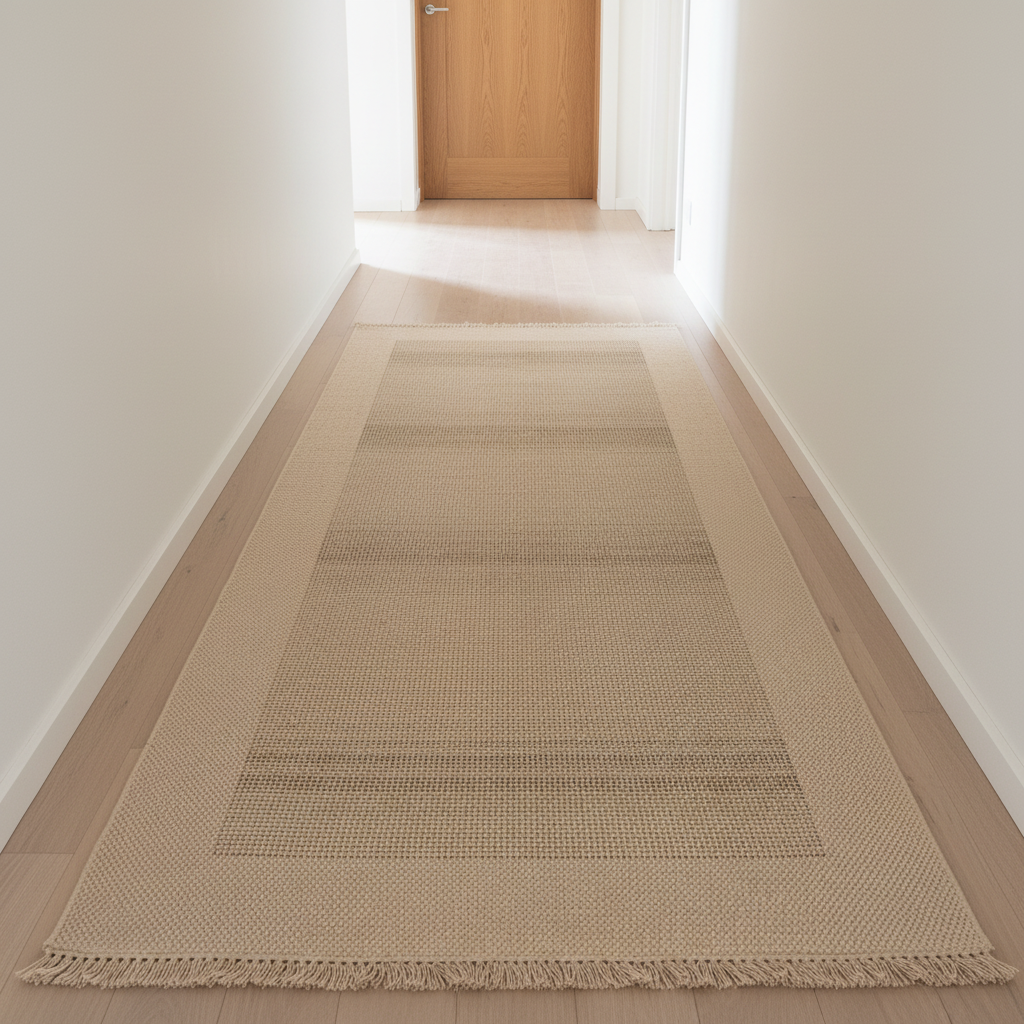 Gemelli Collections Oriental Weavers Kemet KBORIE197 beige double border waffle jute look corridor runner rug.