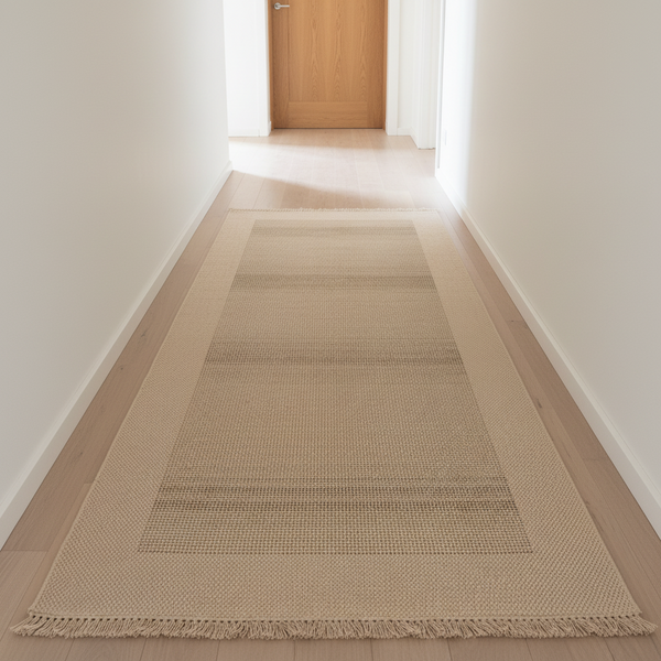 Gemelli Collections Oriental Weavers Kemet KBORIE197 beige double border waffle jute look corridor runner rug.
