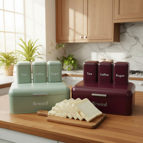 Alloy bread storage bin with three matching canisters for kitchen organization