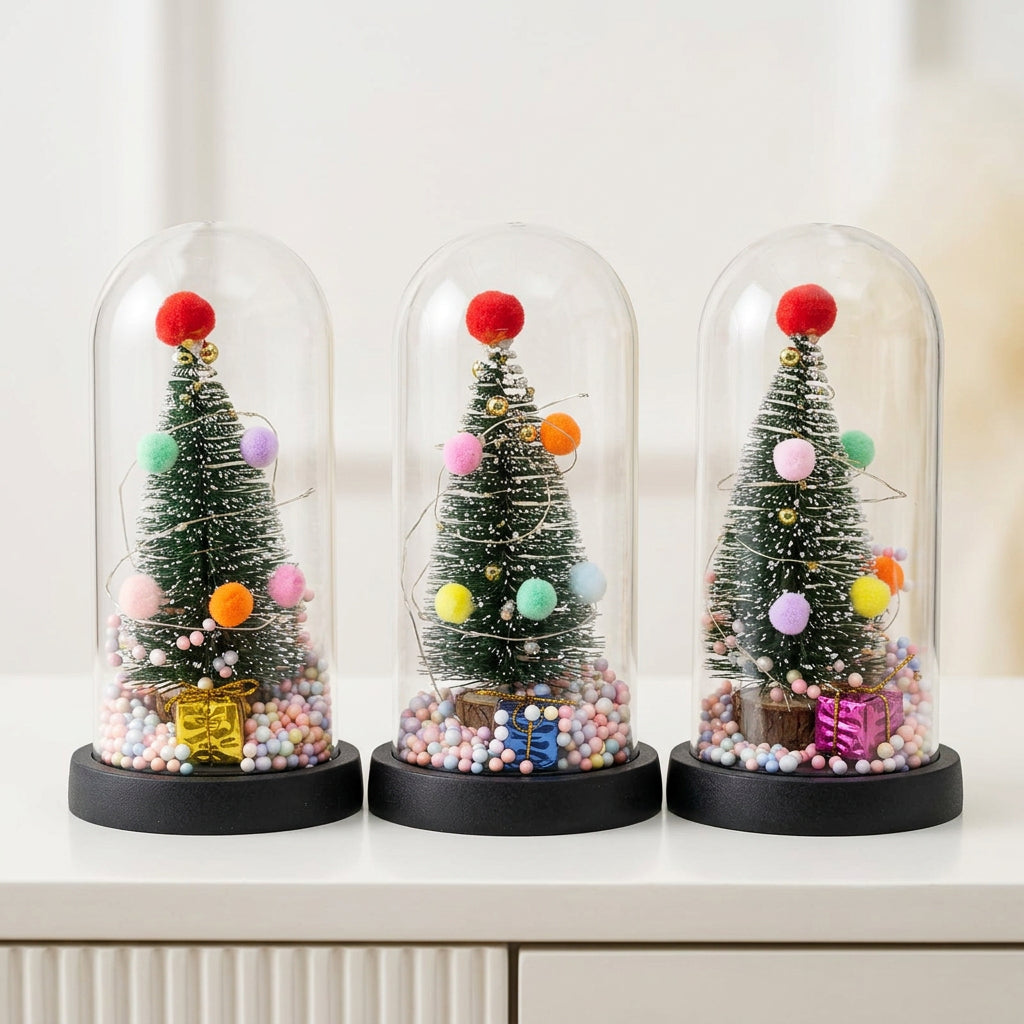 3pcs Christmas Tree Glass Dome Decoration with LED Lights and Santa Claus