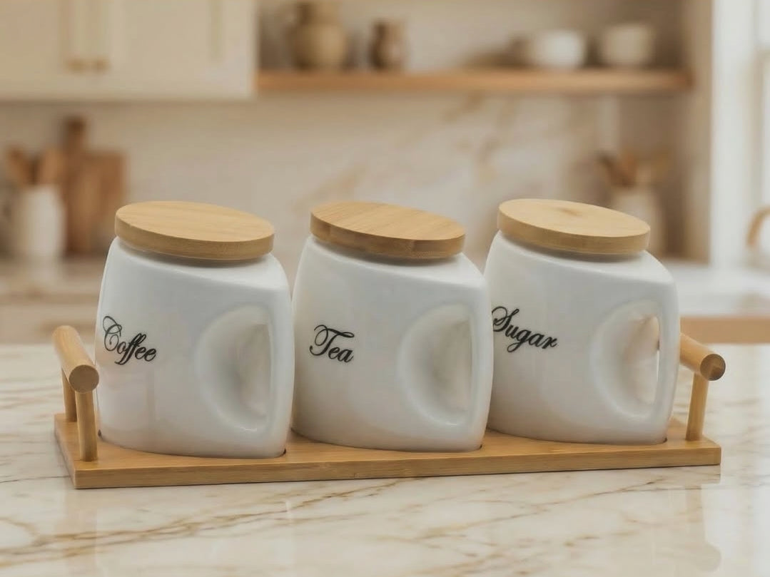 3 Piece Ceramic Canisters With Bamboo Base
