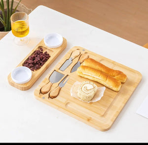 Bamboo Cheese Board & Cutlery Set with 2 Ceramic Dipping Bowls