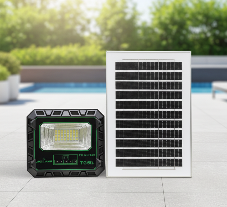 Gemelli Collections 60W solar-powered LED floodlight for outdoor security and garden lighting.