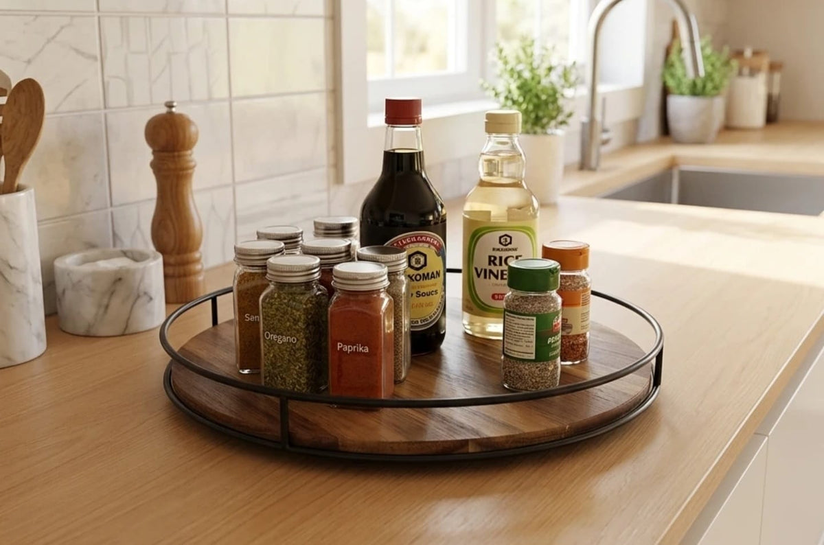 360 degree rotating lazy susan organiser multipurpose countertop storage tray with iron frame edge spinning organiser for spices