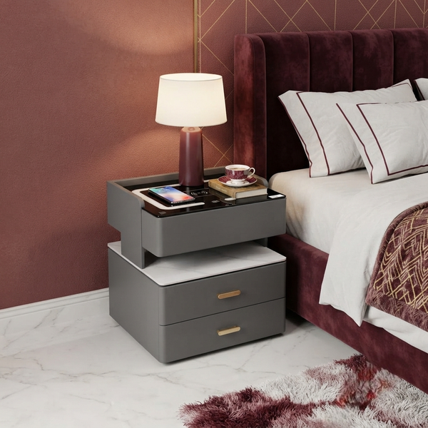 BS 9 matte grey smart nightstand with wireless charging, LED lighting, faux marble shelf and two drawers