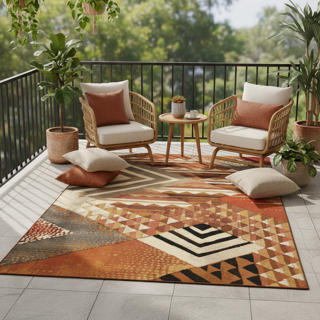 Gemelli Collections Oriental Weavers Isla KBORIE135 terracotta brown black tribal geometric patchwork rug for indoor and outdoor use.