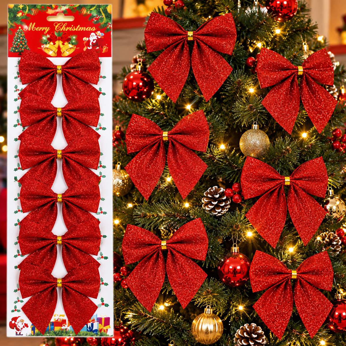 6 Red Glitter Christmas Ribbon Bows for Tree and Gift Decoration