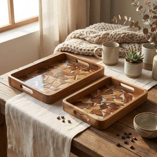 2 Piece Wood Mosaic Serving Tray Set