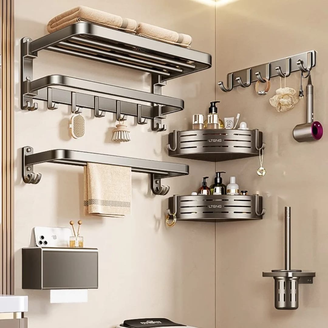 7-piece black aluminium bathroom storage rack set with wall-mounted towel holders and organisers for keeping bathroom essentials neatly arranged.
