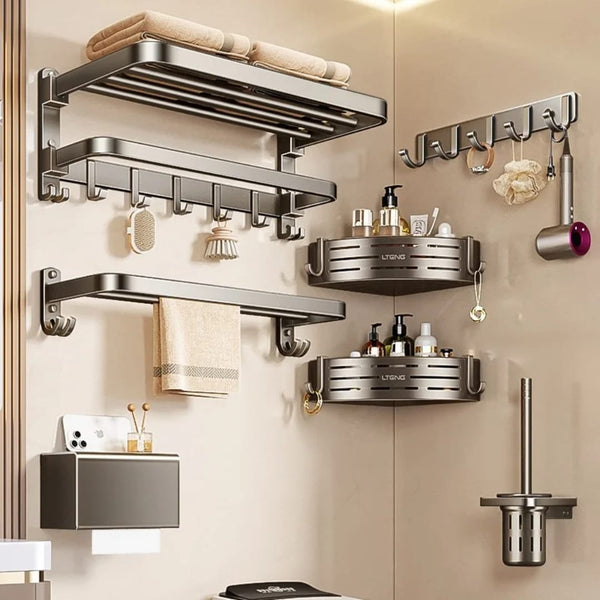 7-piece black aluminium bathroom storage rack set with wall-mounted towel holders and organisers for keeping bathroom essentials neatly arranged.
