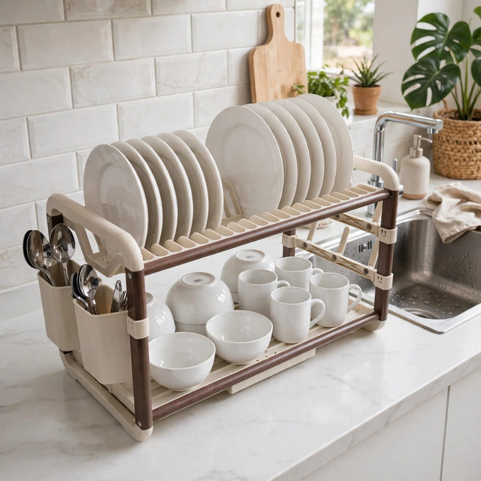 Gemelli Collections 2 tier aluminium dish drying rack with drainer silver frame beige trays plate slots 4 mug hooks and cutlery holder.