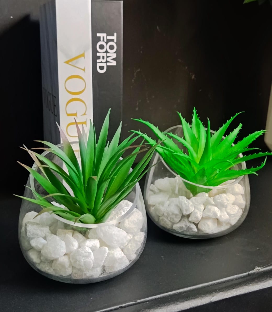 Glass Vase with Artificial Succulent & Decorative Pebbles