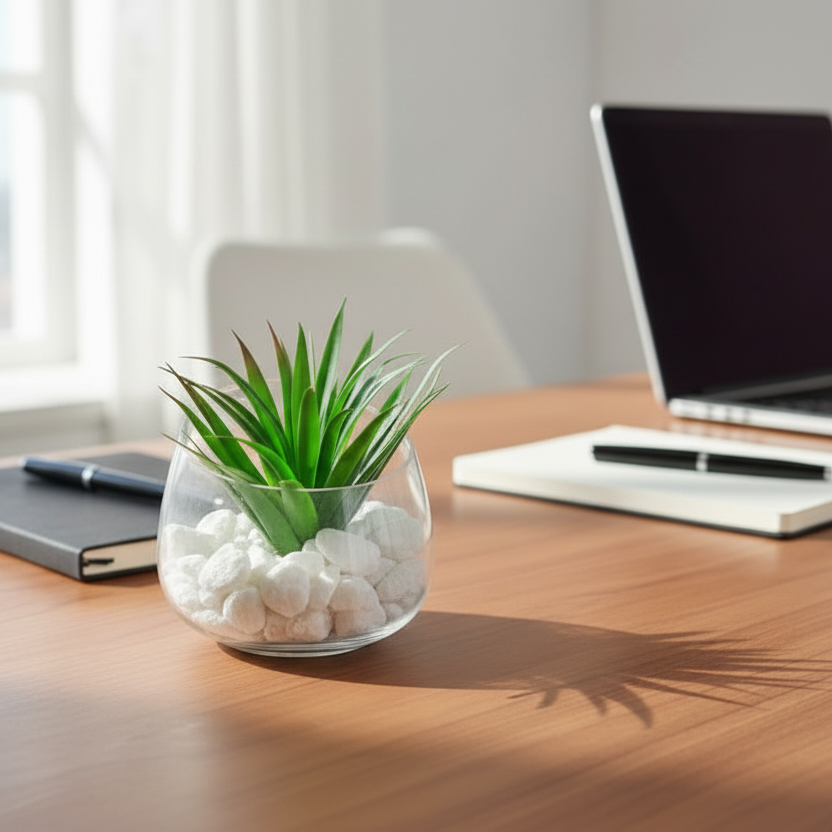 Glass vase with artificial succulent and decorative pebbles for home and office décor