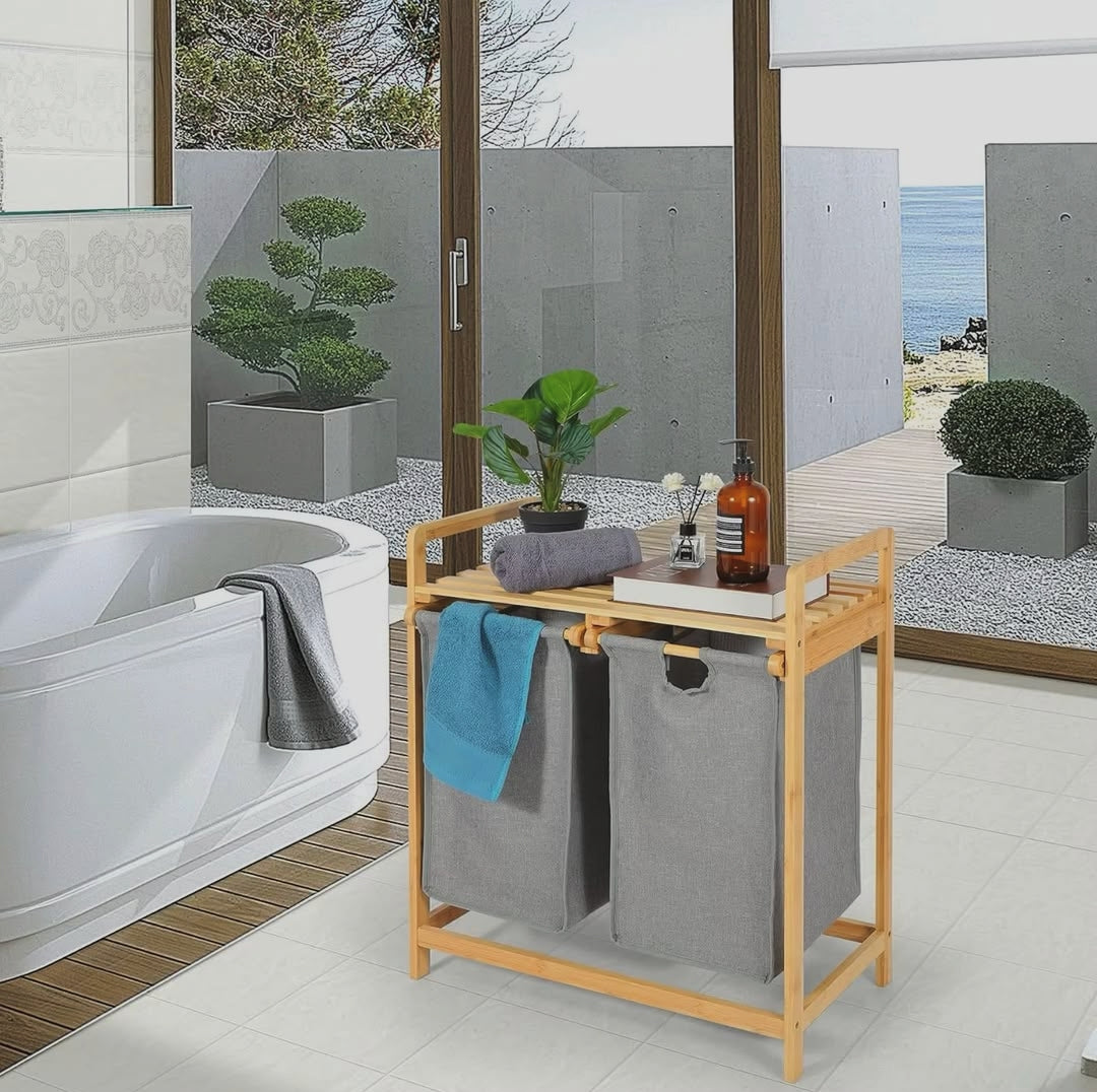 Freestanding Bamboo Laundry Hamper with Storage Shelf