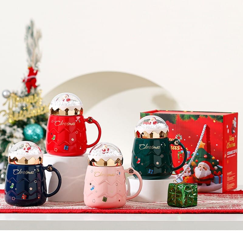 500ml ceramic Santa Claus Christmas cup with lid and gift box in pink, blue, or red.